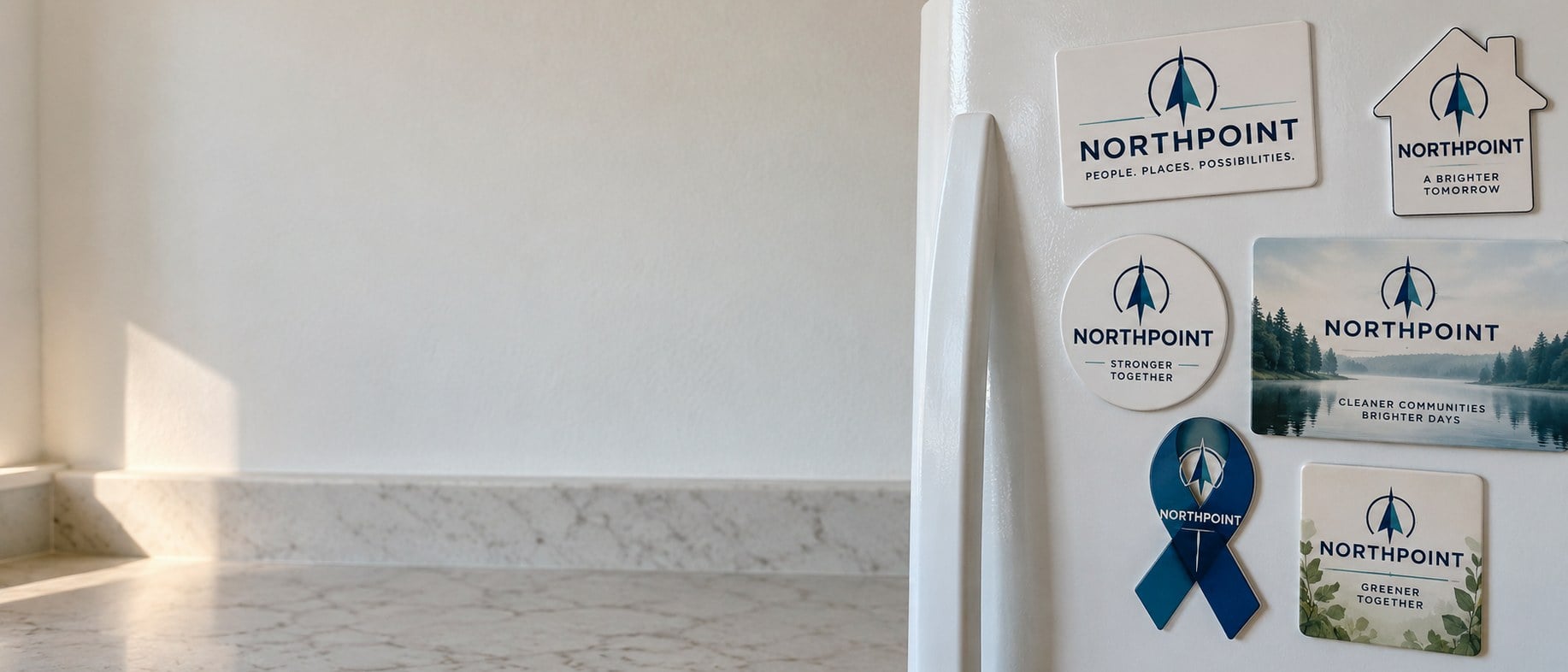 Custom promotional magnets in bulk on a refrigerator door